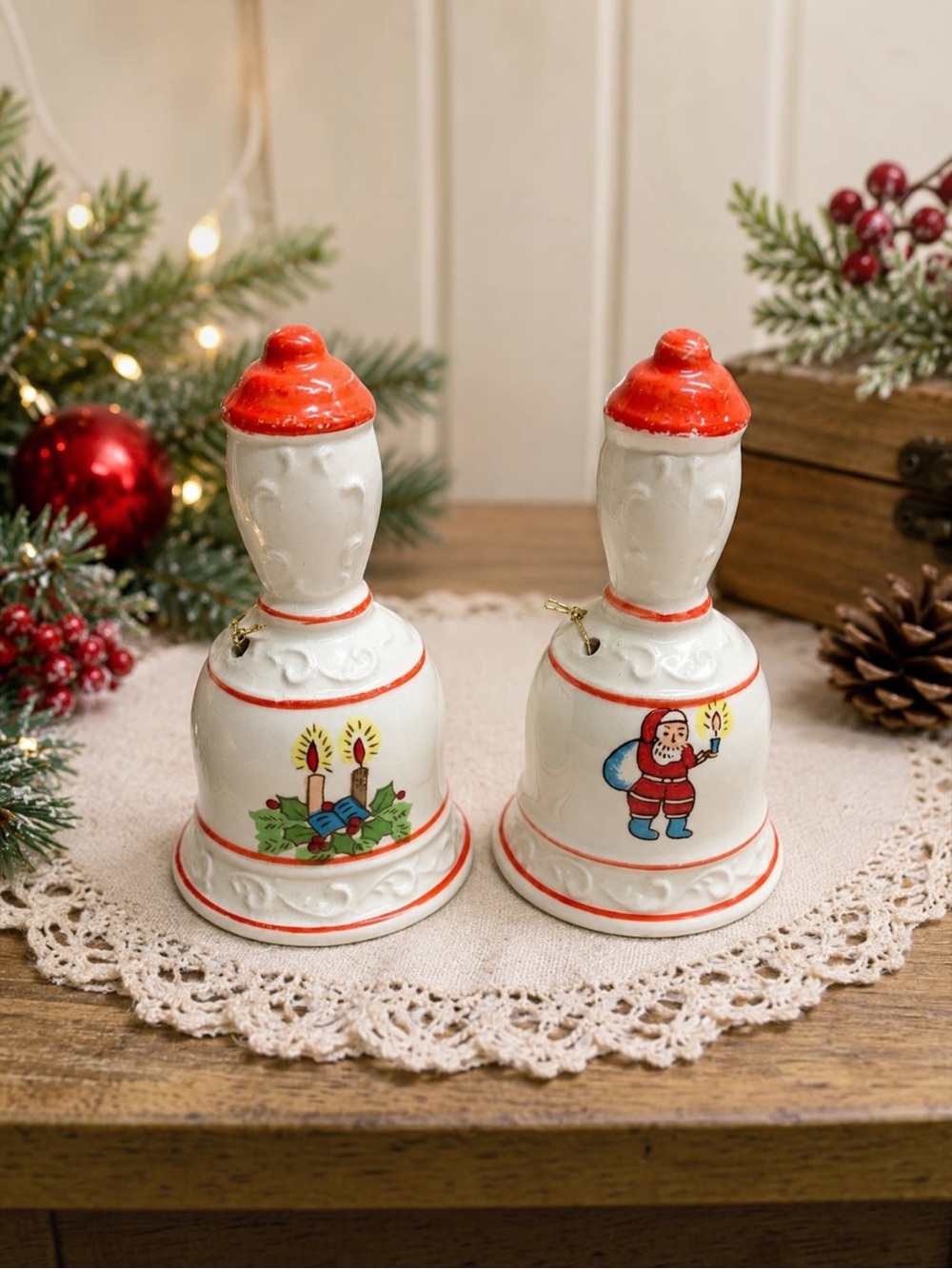 Vintage Kurt Adler Santa’s World ceramic Christmas tree bell ornament set of 2